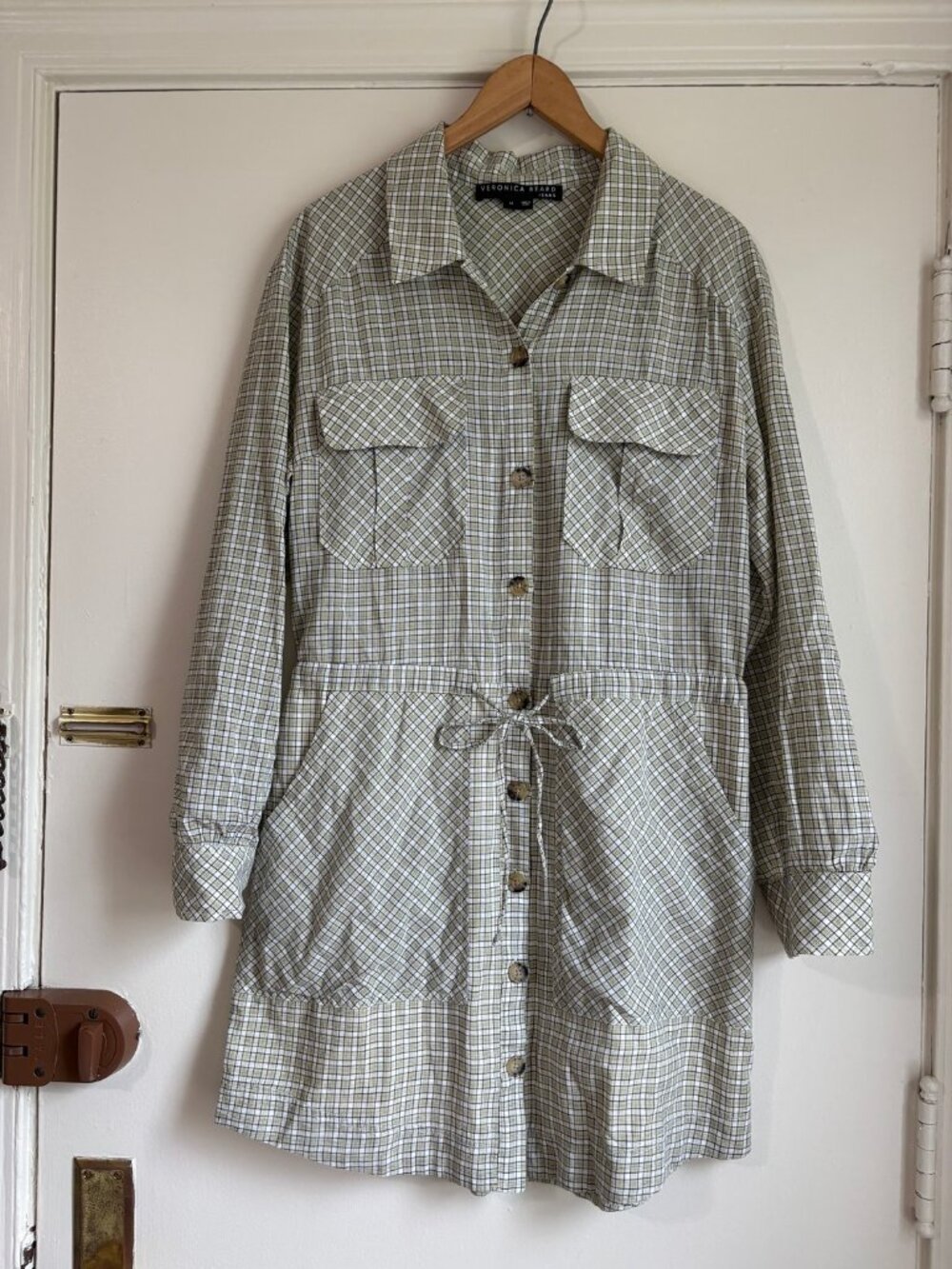 Veronica Beard Green Plaid Drawstring Shirt Dress | M
